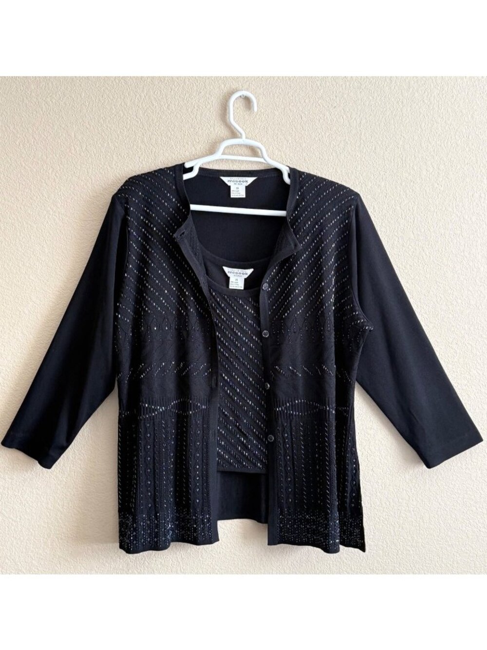 Exclusively Misook Woman's Embellished Tank & Cardigan Sweater Set 2PC Black